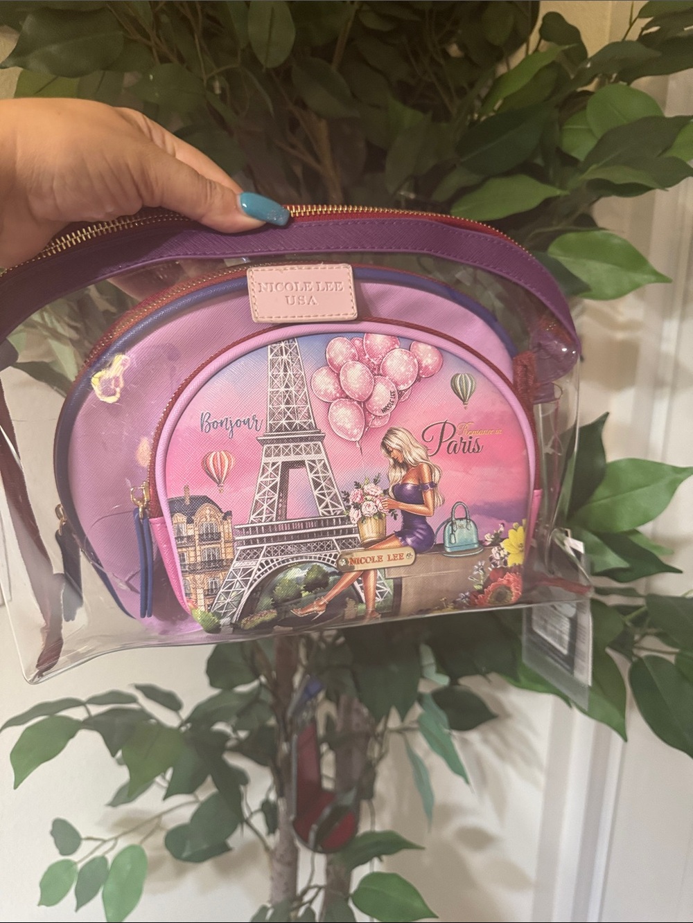 Nicole Lee Clear Pink Paris Eiffel Cosmetic 3 Pouch Set